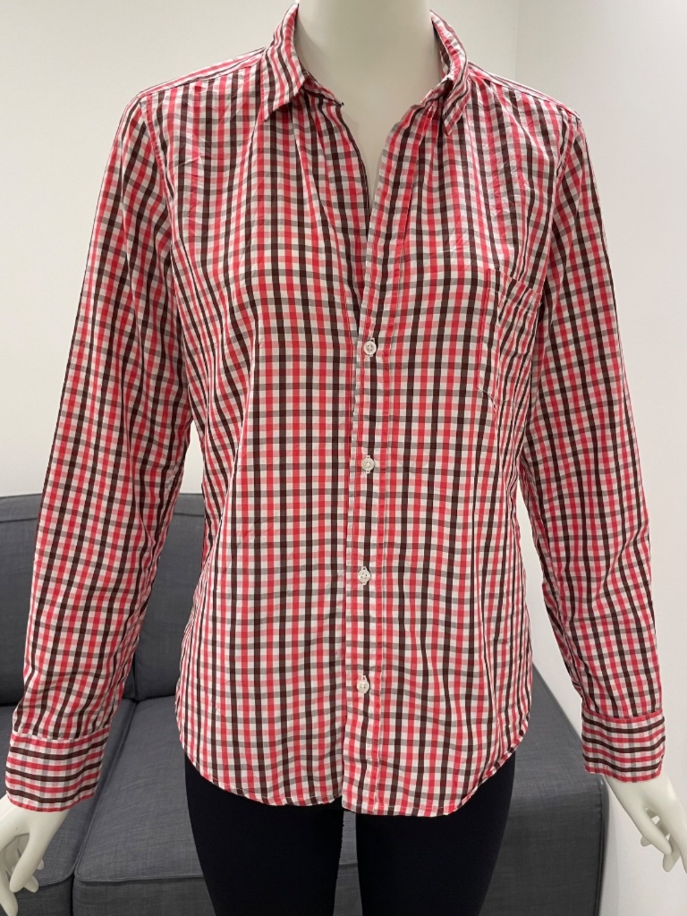 FRANK & EILEEN Barry Tailored Button-Up Shirt - Pink & Brown Check - Size Small